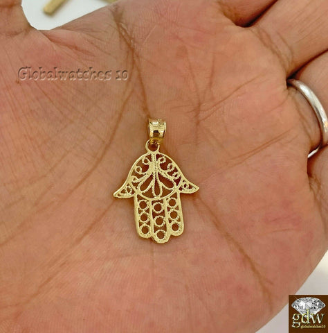 10k Gold Solid Hamsa Hand Charm for Men, Pendant with Diamond Cut, Luck, Real