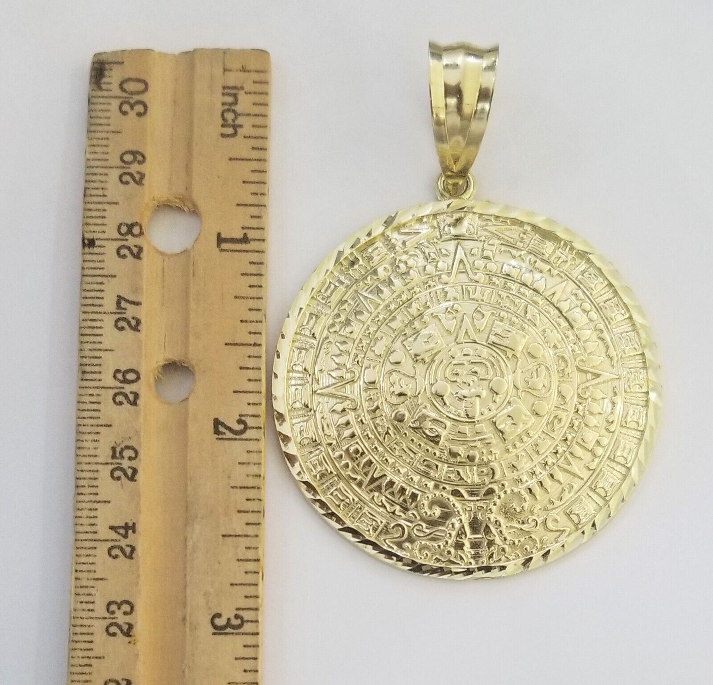 Real 10k Yellow Gold Pendant Circular Mayan Calendar Charm 2.5" SOLID 10kt