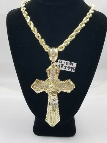 Mens 10k Real Yellow Gold Rope Chain With Crucifix Cross Charm Jesus Diamond cut