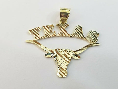 Mens 10k Yellow Gold Cow Longhorn Head Texas Charm Diamond Cut Pendant Real 10K