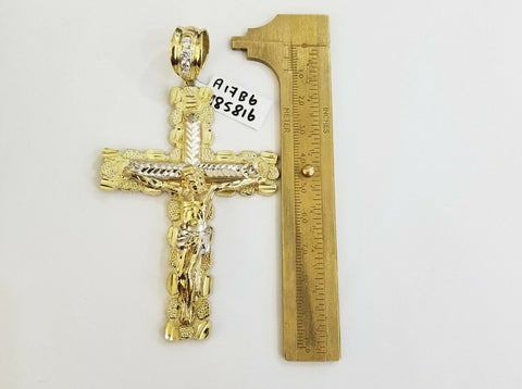 10K Yellow Gold Jesus nugget Cross Pendent Men Women 4" 10kt