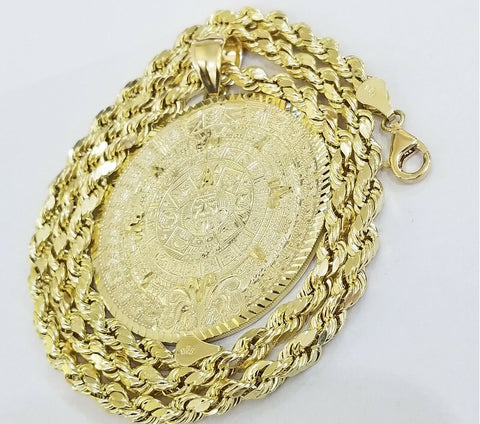 10k Yellow Gold Aztec Calendar Pendant Charm 4mm 20- 28 " Real  Rope Chain 10 kt