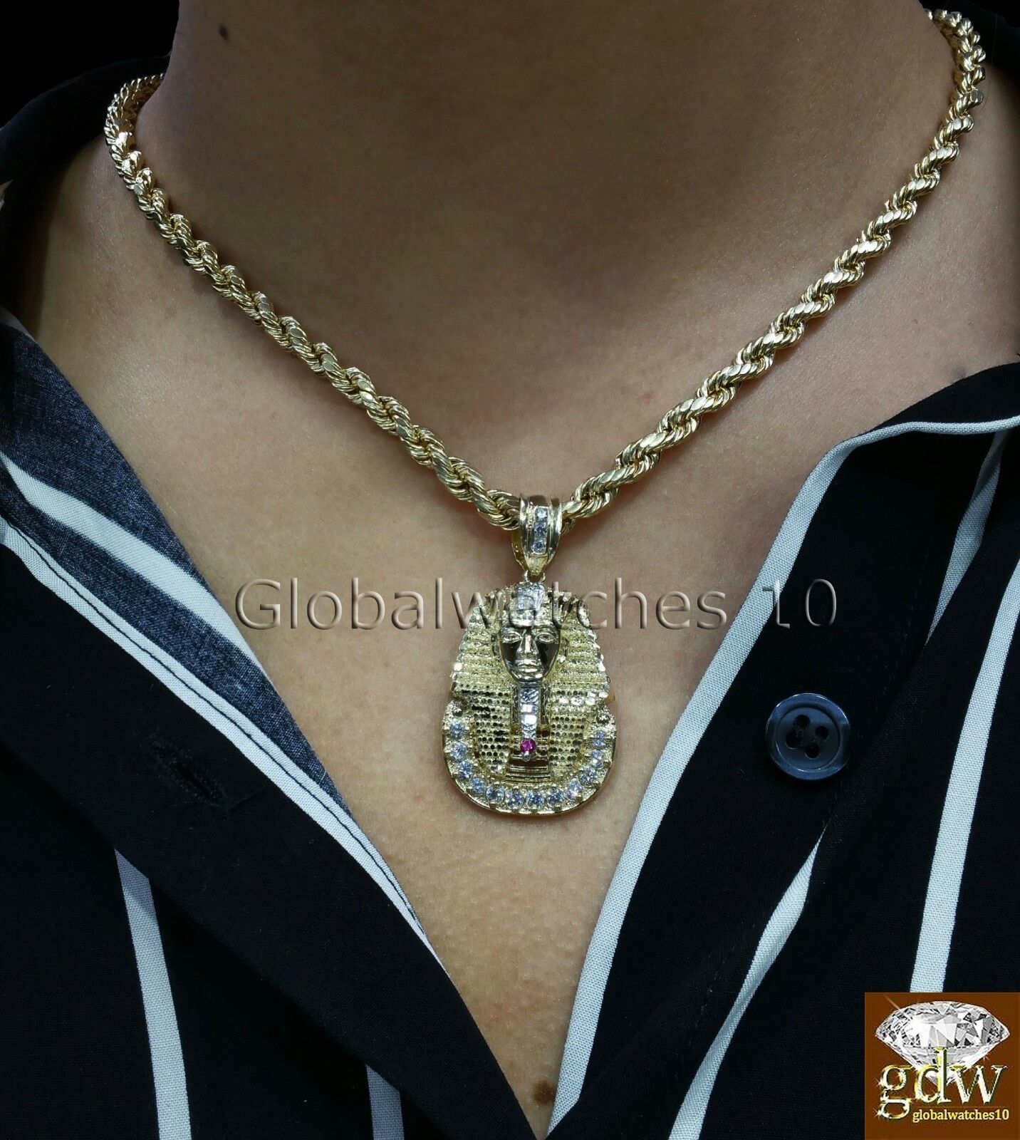 Real Mens 10k Gold 28" Inch Rope Chain & Egyptian Pharaoh Head Charm Pendant.