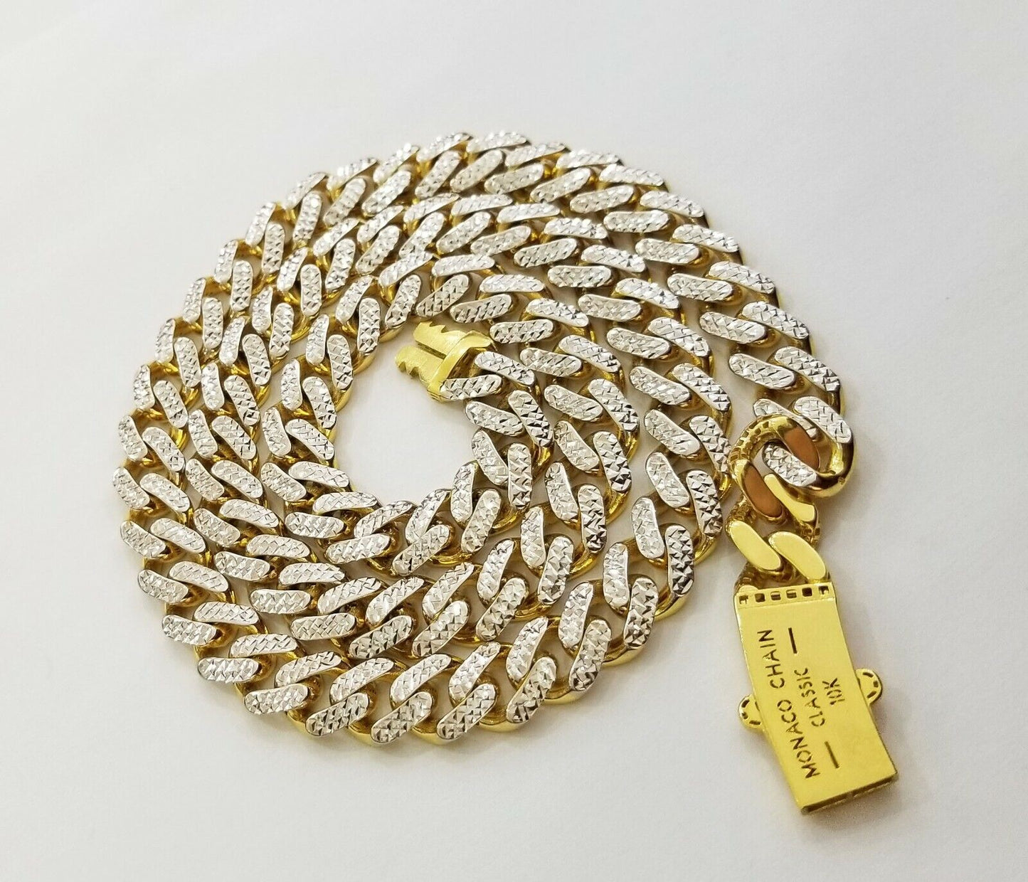 10K Real Gold Monaco Link Chain 20 inch Diamond Cut Men Women Necklace 10Kt