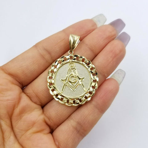 10K Yellow Gold Masonic Mason Charm Pendant Miami Cuban Design Diamond Cut 1.5"