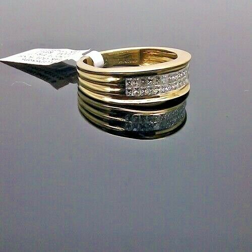 Real 14K Mens Yellow Gold & Diamond Band in Princess Cut Wedding Engagement Ring