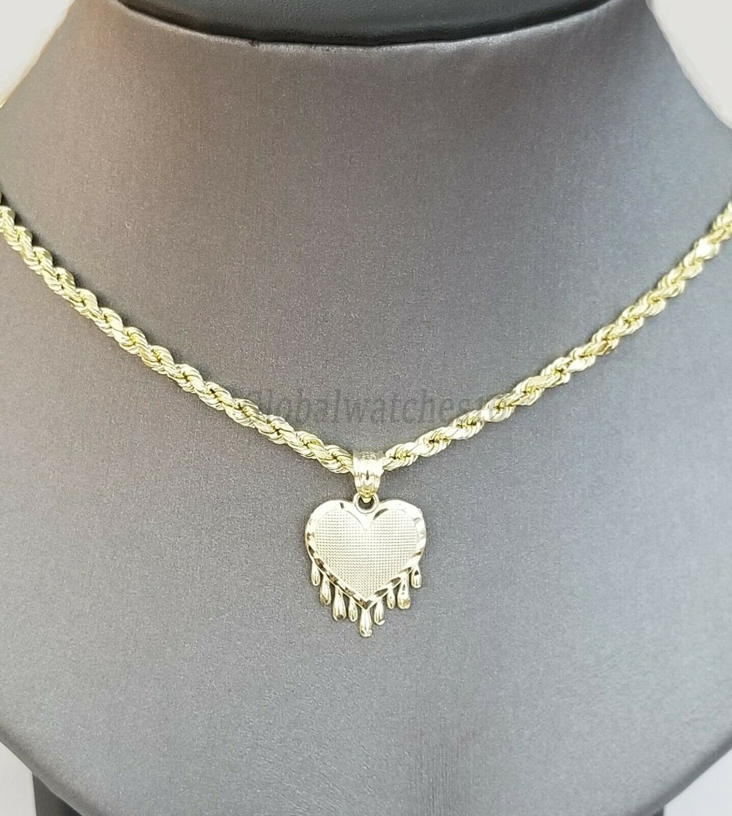 Real 10K Yellow Gold Love Dripping Heart Diamond Cut Men Women Charm Pendant