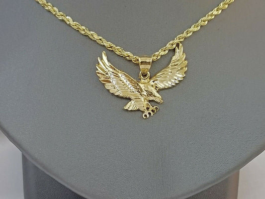 10k Gold Men Eagle Charm Pendant 2.5mm Rope Chain in 18 20 22 24 26 28 Inch Real