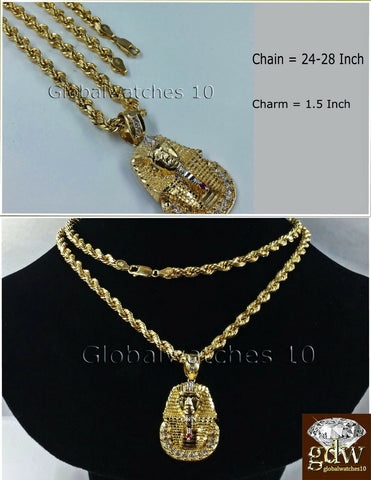 Men's Real 10k Yellow Gold 24 Inch Rope Chain with Egyptian Pharaoh Head Charm.