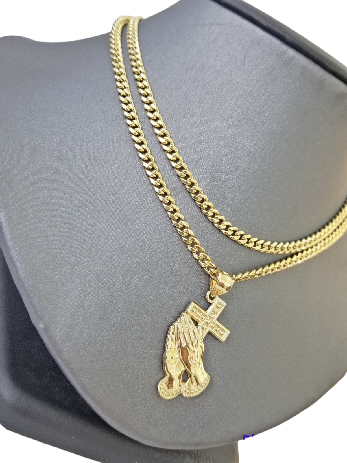 10K Yellow Gold Praying Hand Cross Pendant Charm 4mm Cuban Link Chain 26" Inch