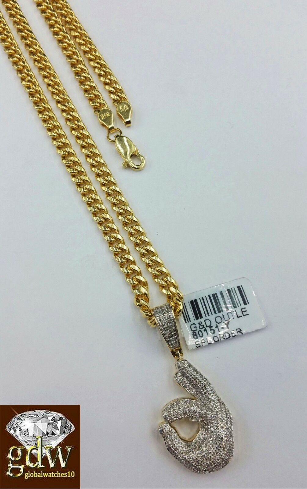 Real 10k Yellow Gold and Diamond Ok Hand Emoji Charm with 22" Miami Cuban Chain.