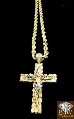 Real 10k Gold 26" Rope Chain Cross Pendant 10kt Yellow Gold Necklace Jesus Charm