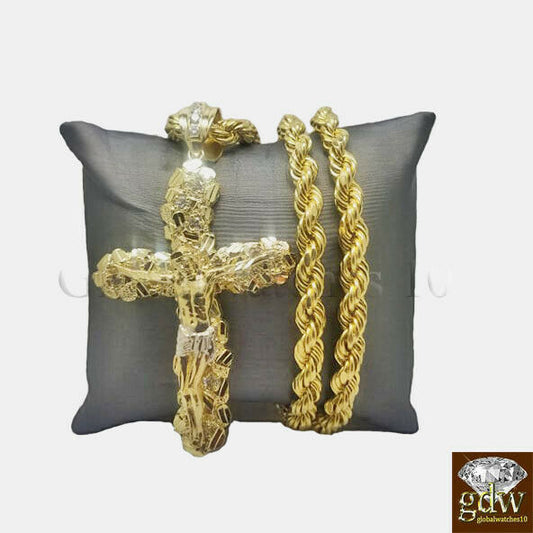 Real 10k Gold Nugget Jesus Crucifix Cross Pendent Charm with 24 Inch Rope Chain.