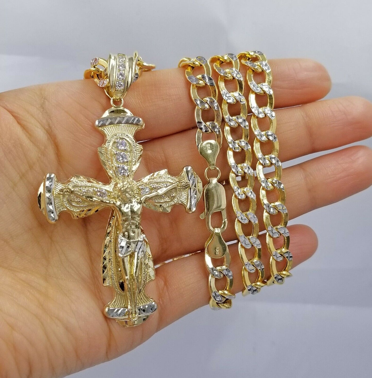 Real 10k Cuban Curb Link Necklace Pendant SET Jesus Crucifix Cross Chain