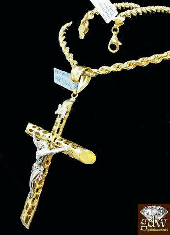 Real 10k Yellow & White gold Jesus Cross Charm/Pendant with 28 Inch Rope Chain.