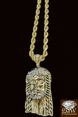 10k Real Yellow Gold Men Jesus Head Charm 24 Inches Rope Chain Cross