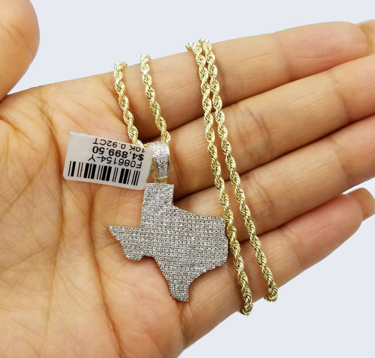 10K Gold Texas Map Diamond Pendant/Charm 2.5mm Rope Chain in 16 18 20 22 24 Inch