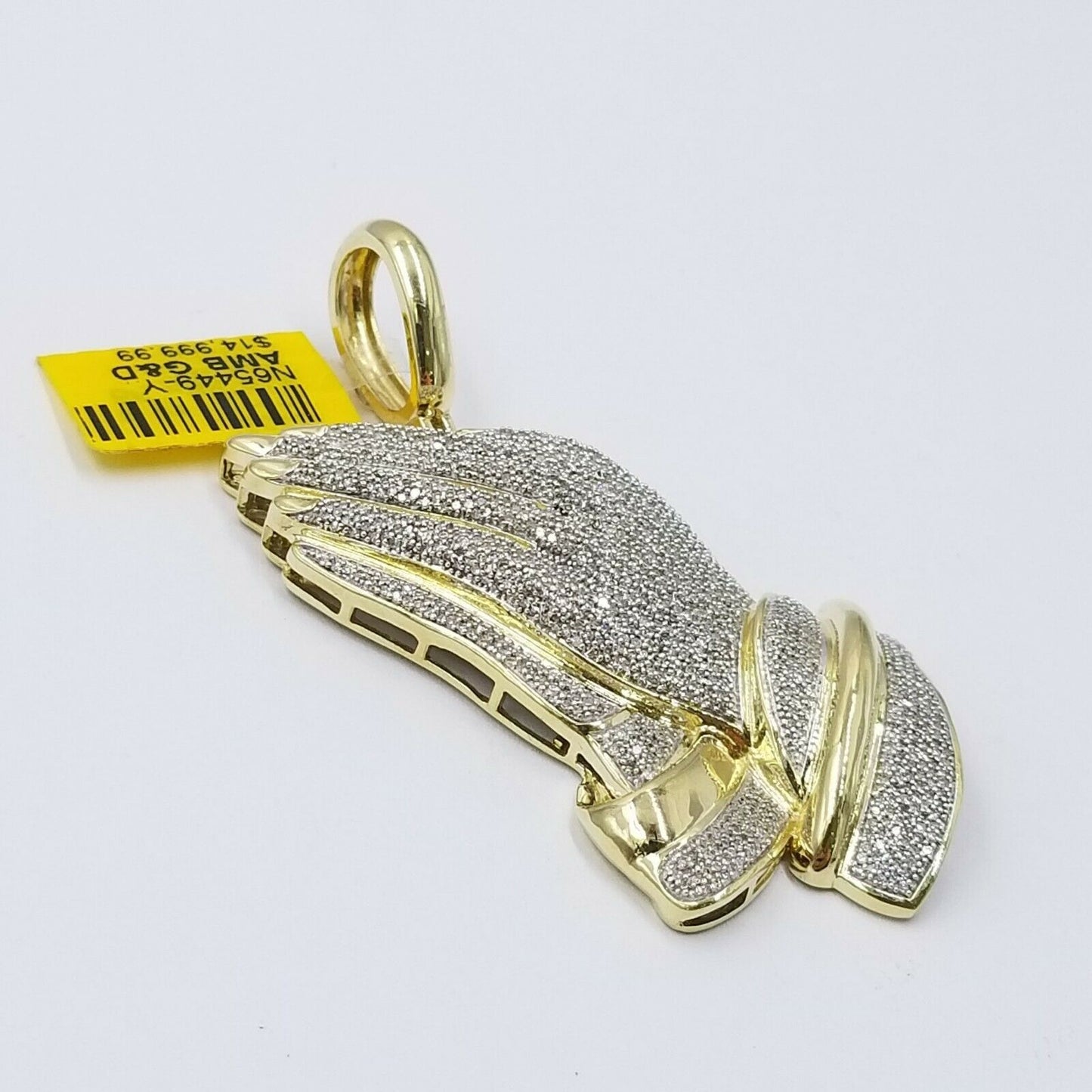 10K Yellow Gold & Diamond Praying Hand Charm Pendant  1.48CT 2.5" For Men Women