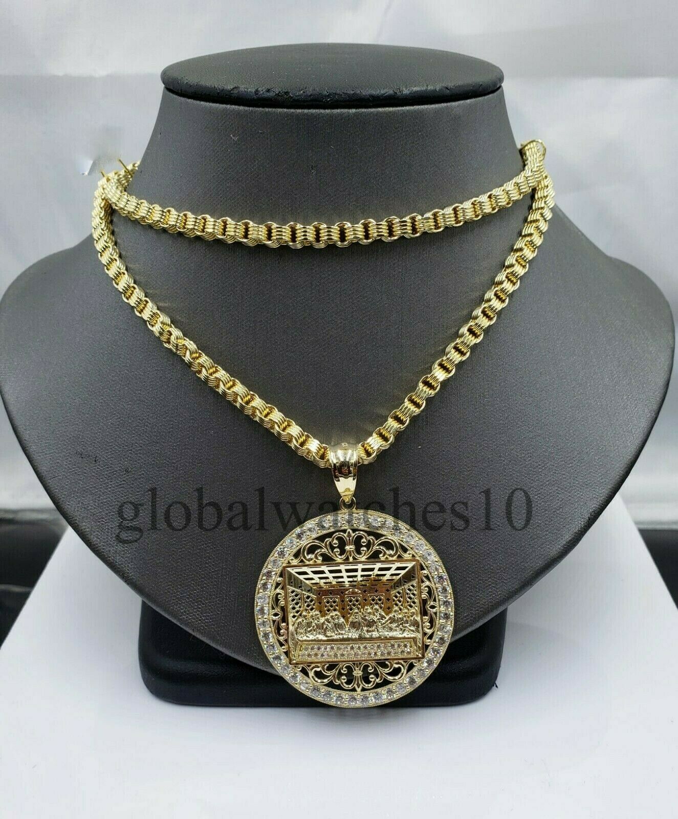 REAL 10k Gold last supper Pendant Charm Jesus & Mens 10k Byzantine Box Chain Set