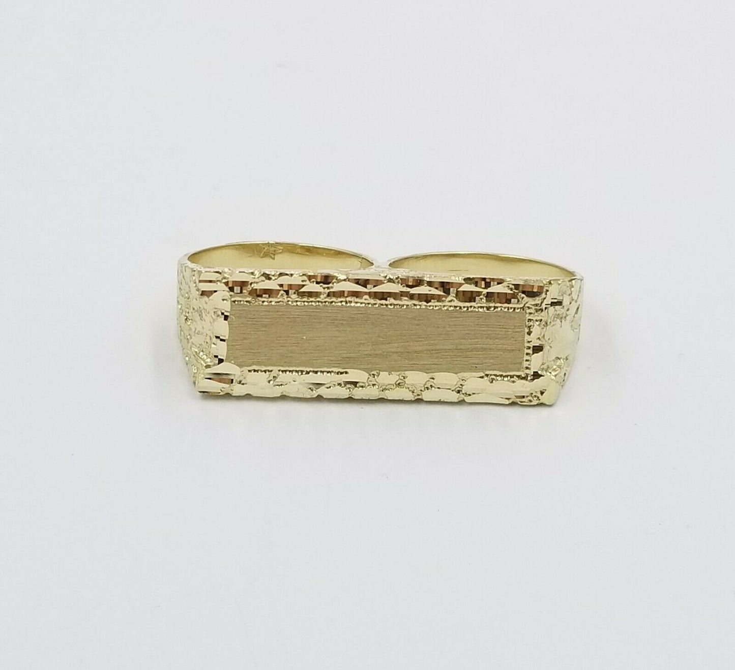 10k Men's Yellow Gold Two Finger ID Nugget Ring Diamond Cut Double Finger, REAL