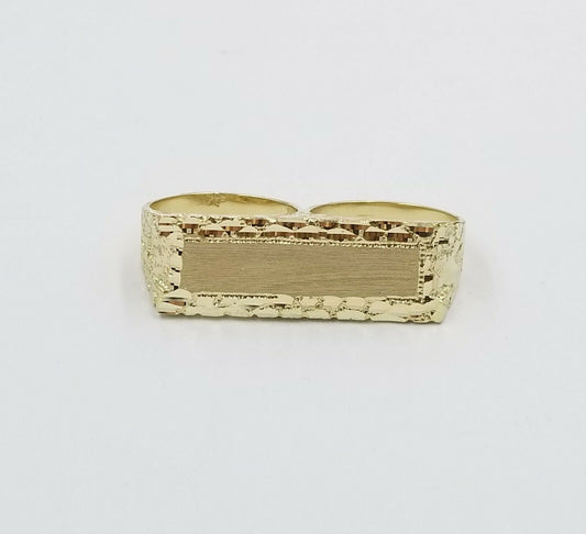 10k Men's Yellow Gold Two Finger ID Nugget Ring Diamond Cut Double Finger, REAL