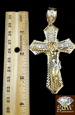 Real 10k Mens Yellow Gold Jesus Cross Charm/Pendant with 28 Inch long Rope Chain