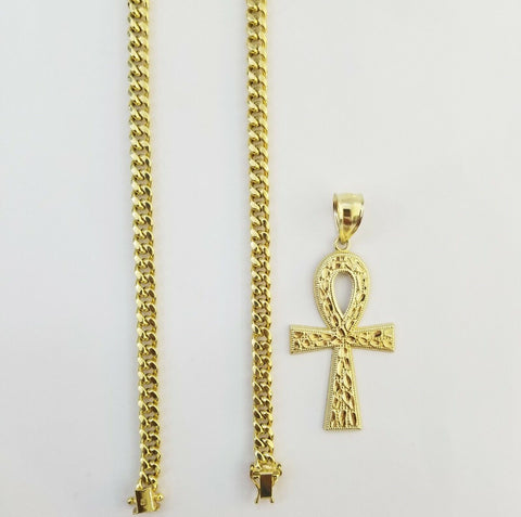 Real 10k Yellow Gold Men Ankh Cross Charm 20" Inch 6mm Miami Cuban Chain