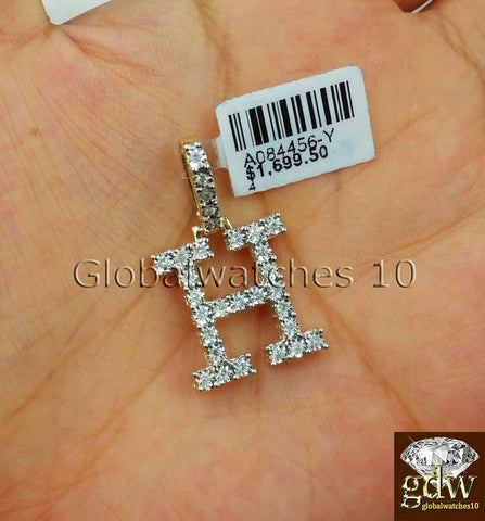 Real 10k Gold H Initial Alphabet Charm Pendant 1.4Inch Genuine Diamond Men Women
