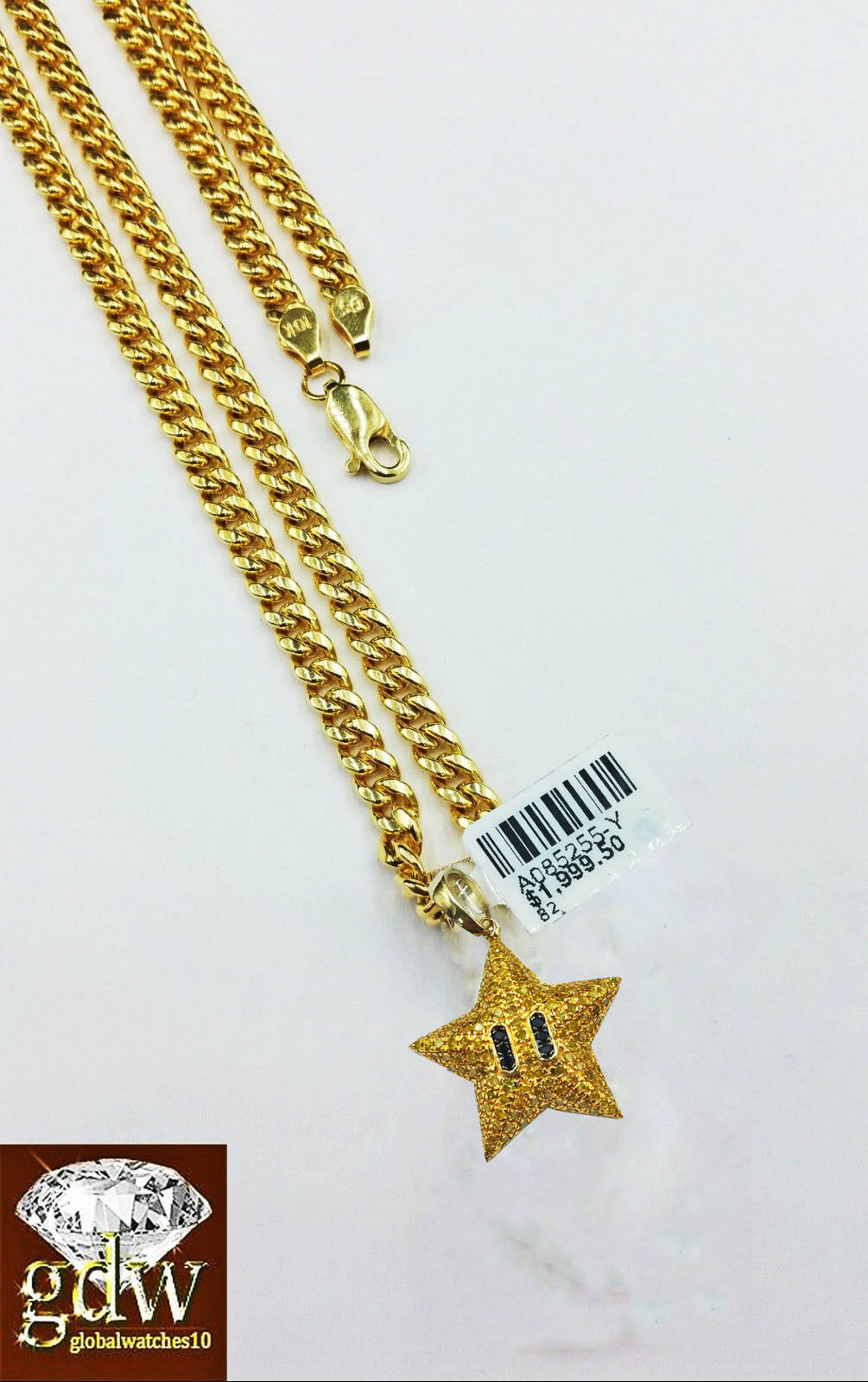 Real 10k Yellow Gold & Real Diamond Star Emoji Charm 24Inch Miami Cuban Chain