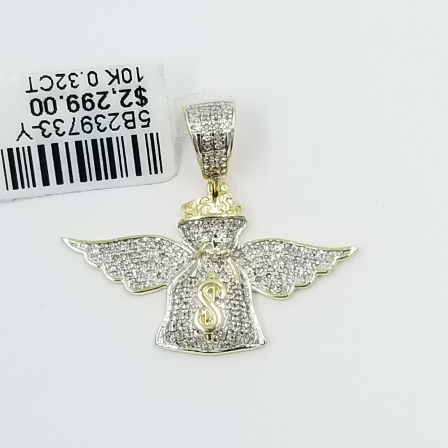 REAL 10k Yellow Gold Diamond Angel Wing Dollar Bag Pendant 3mm Franco Chain