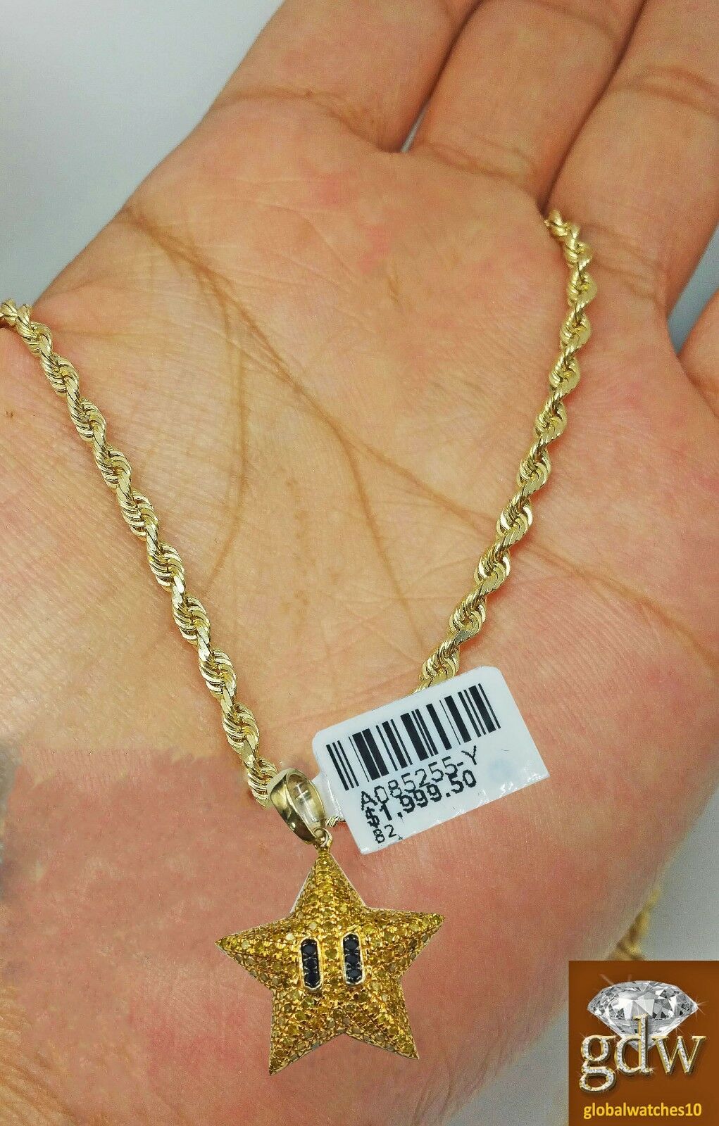 10k Yellow Gold Diamond Star Emoji Charm 24 Inch 3mm Rope Chain Men