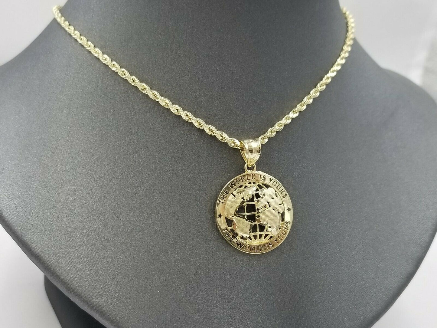 10k Gold Men Globe Diamond Cut Pendant 2.5mm Rope Chain 18 20 22 24 26 28 Inch