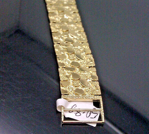 REAL 10K Yellow Gold Men Nugget Link Bracelet Thick 7.5 Inches 19-20mm