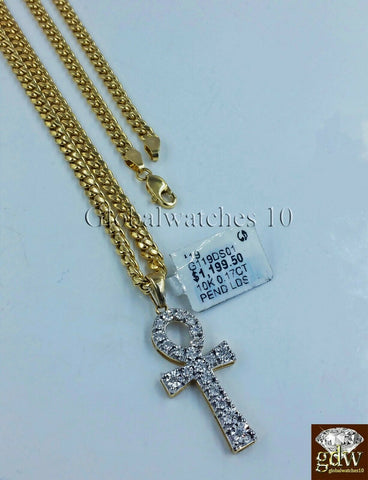 10k Gold Diamond Ankh Cross Charm with 28" Inch 3mm Miami Cuban Chain Jesus