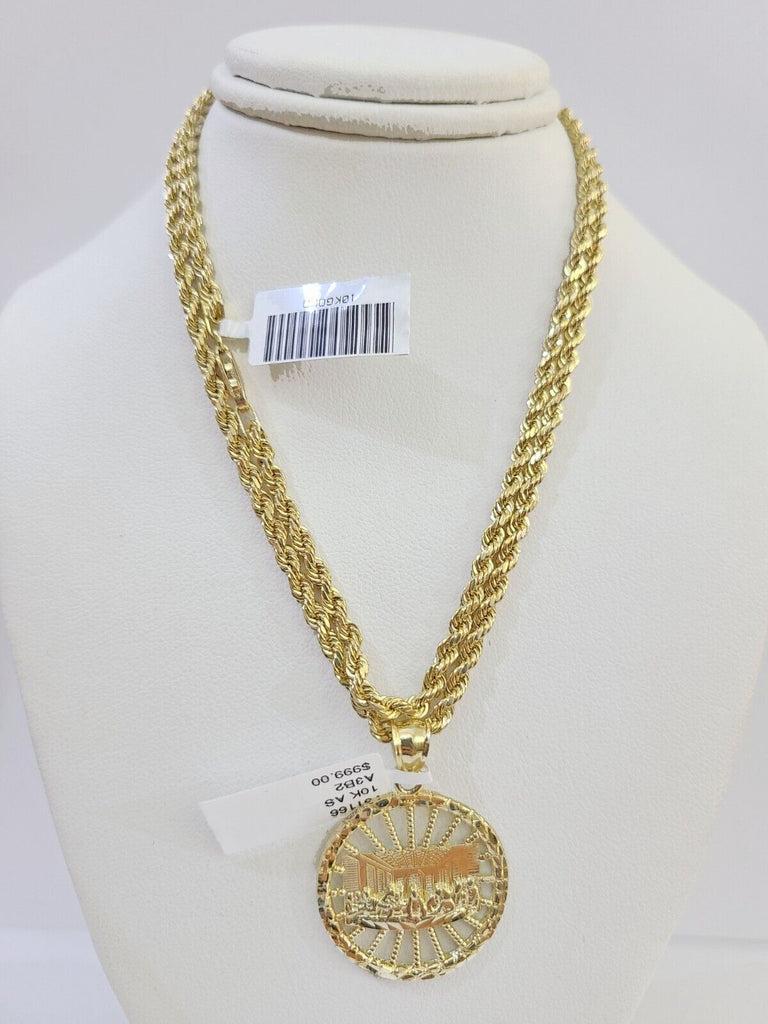 10k Gold Rope Chain & Last Supper Charm Pendent SET 3mm 22 Inches Necklace