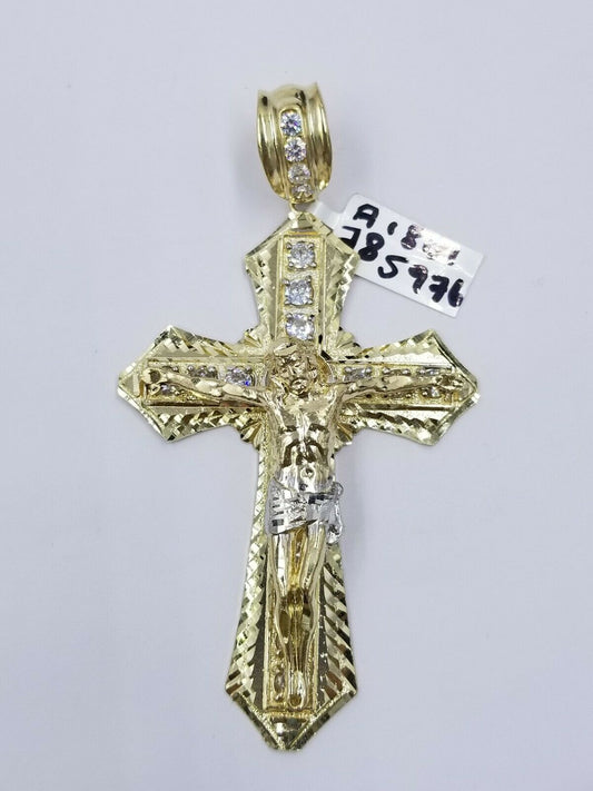 Mens 10k Real Yellow Gold Rope Chain With Crucifix Cross Charm Jesus Diamond cut