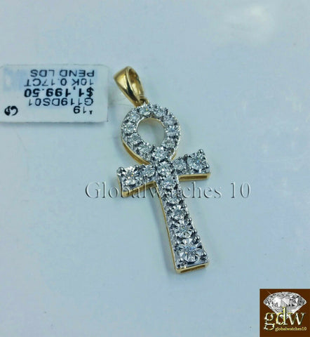 10k Gold & Diamond Ankh Cross Charm with 24" Inch 3mm Miami Cuban Chain Jesus.