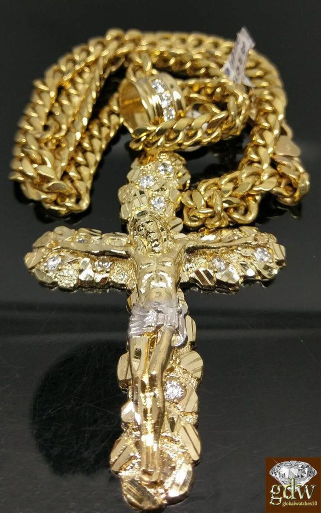 Real 10k Yellow Gold Free Shape Nugget Cross With 26 Inches Miami Cuban Chain