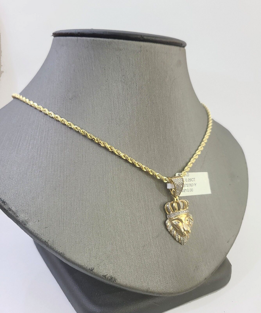 10k Gold Lion Head Diamond Charm and 2.5mm 20 Inches Rope Chain