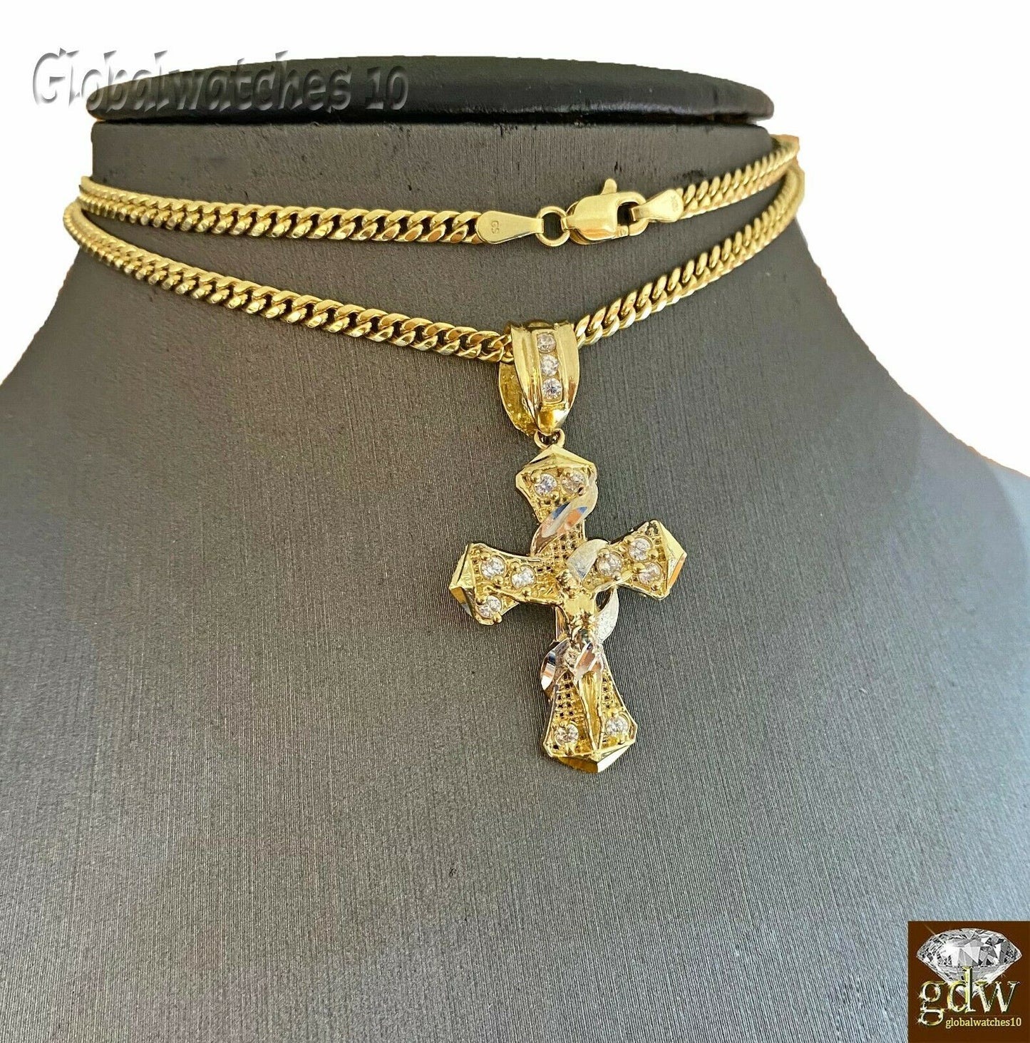 10k Gold Men Cross Charm Pendant Miami Cuban Rope Chain 20 22 24 26 Inch