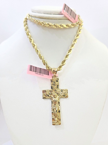 14k Yellow Gold Rope Chain Cross Pendant Charm SET 4mm 22 Inch Necklace REAL