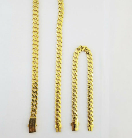 Real 10k Gold Miami Cuban Link Royal 8mm Monaco chain and Bracelet Set ,Necklace