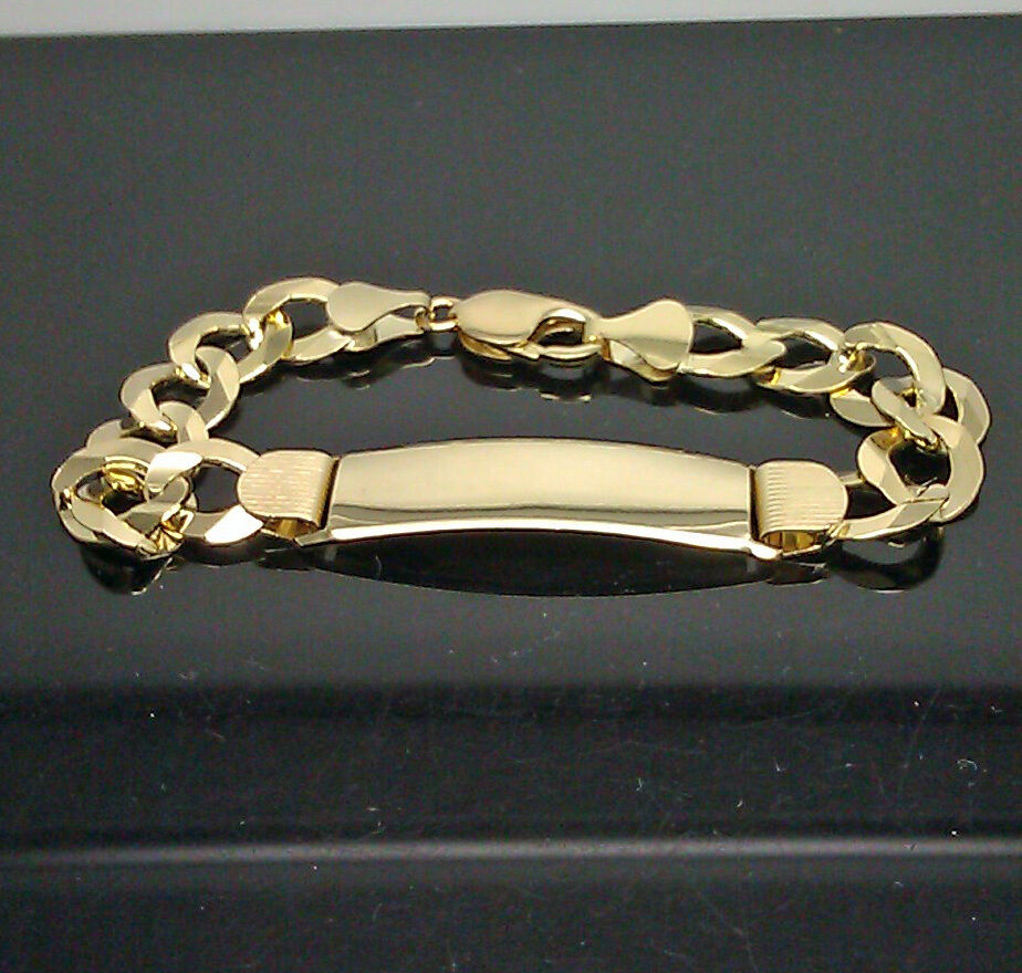 Mens SOLID 10K Yellow Gold Link Bracelet 9" ID Plate Long New