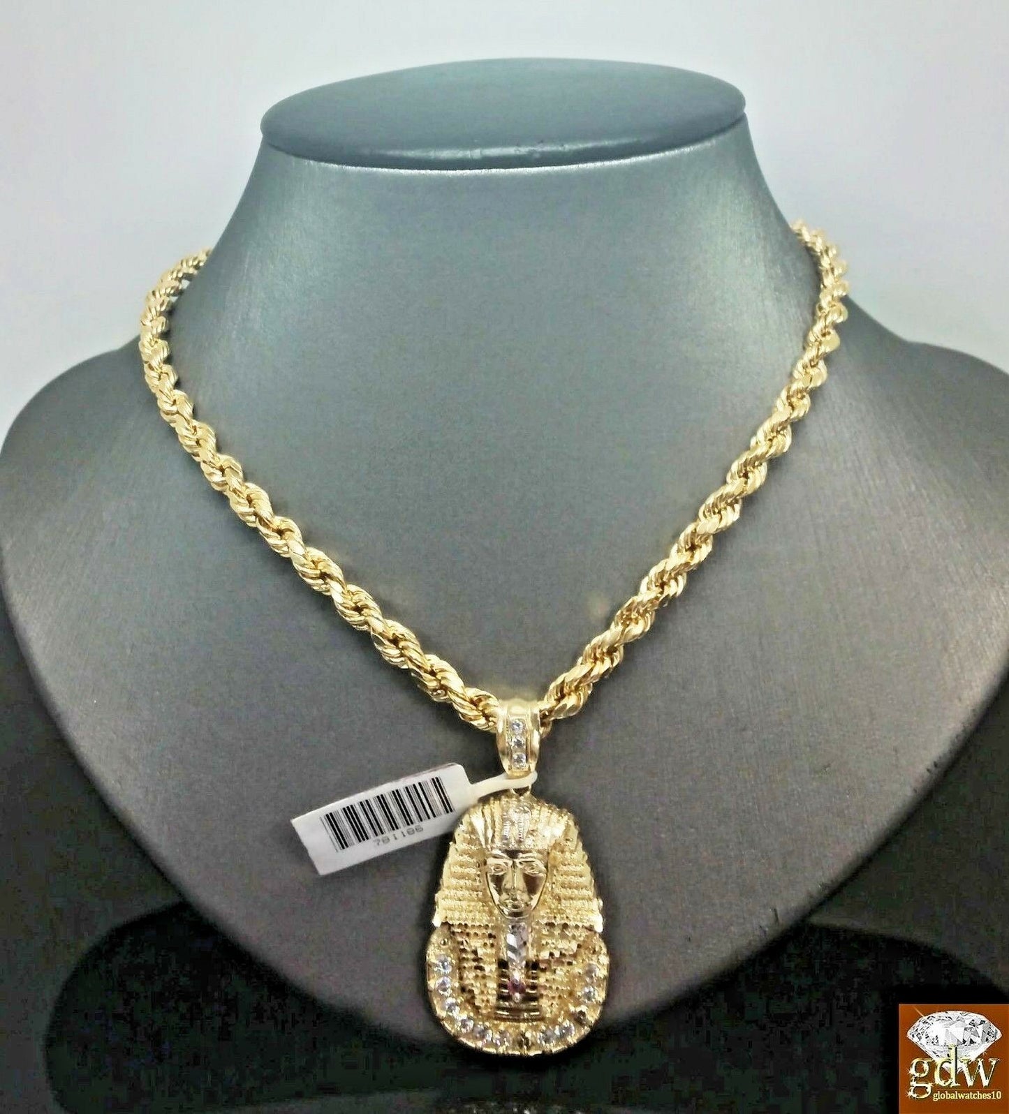 Real 10K 24 Inches Rope Chain 1.5 Inches long Pharaoh Head Pendant