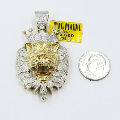 SOLID 10k Yellow Gold Roaring King Lion Head Charm Pendant 1.01CT 2" Inch Men's