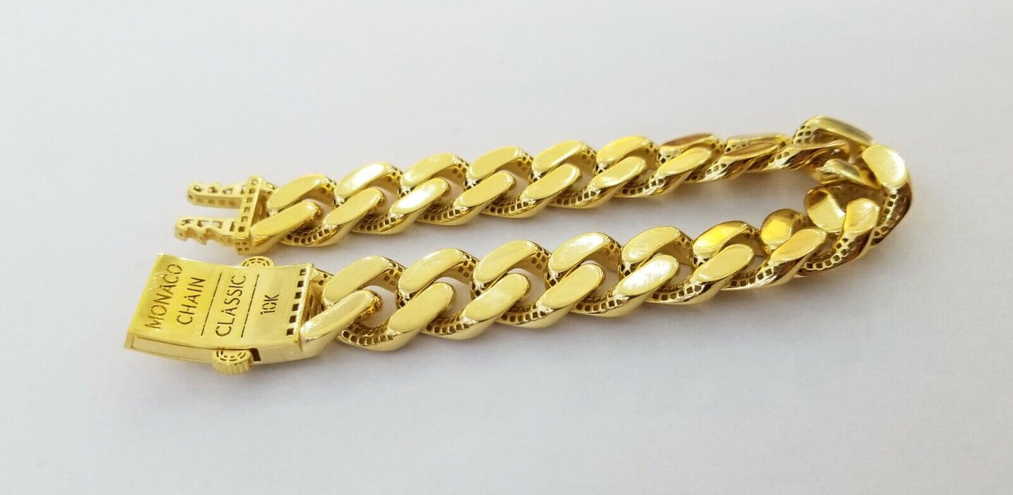 10K Yellow Gold Monaco Bracelet 7.5" inch 15mm Cuban link Hand chain