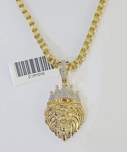 Real 10k Diamond Lion Charm Byzantine Chain Necklace 3mm 22" SET 10kt Genuine