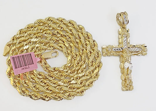 14k Yellow Gold Rope Chain & Nugget Cross Charm Pendent SET 5mm 26 Inch Necklace