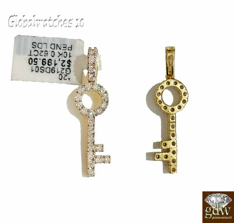 10k Gold Diamond Key Charm Pendant with Rope Chain in 20 22 24 26 inch,Real Gold