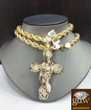 Real 10k Yellow Gold Men's Jesus Cross Charm/Pendant with 28 Inches Rope Chain.